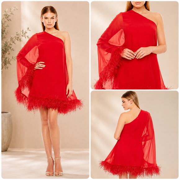 Mac Duggal Dresses & Skirts - Mac Duggal One Shoulder Trapeze Mini Dress Feather Trim Red 11623 size 10